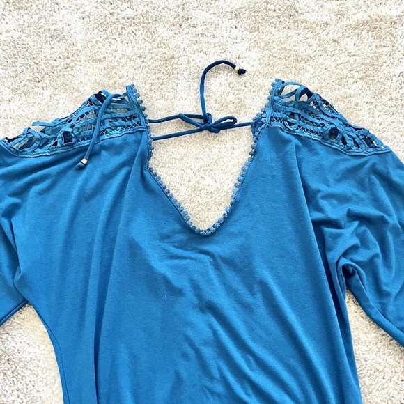 L Space Small Blue Romper Lace Shoulder V Neck Short Sleeve Mini Jumpsuit Shorts - Picture 2 of 14